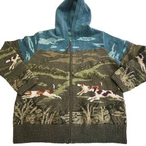 Ralph Lauren Hand Knit Wool THE HUNT Dog Hooded Zip Up Sweater, Size Small